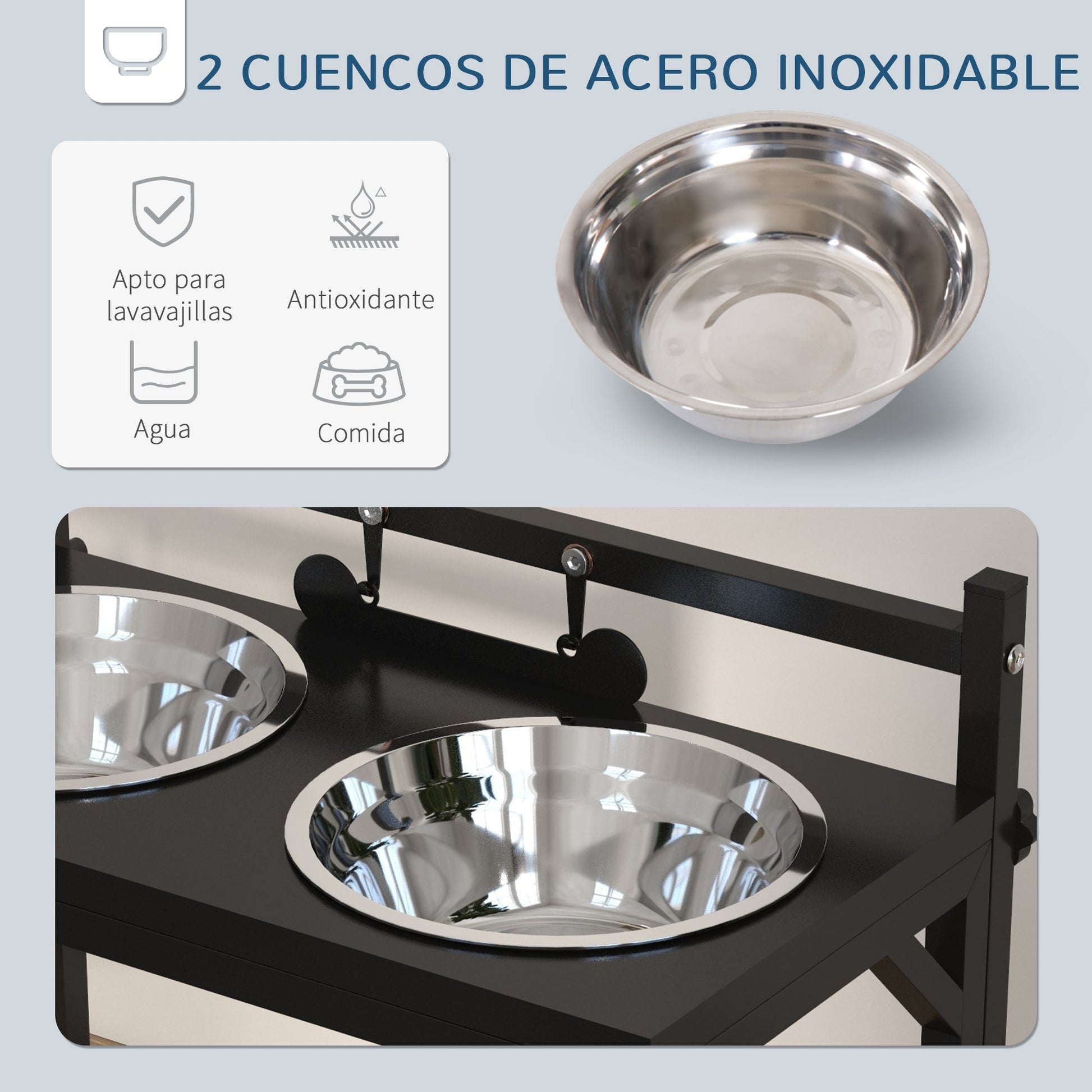 PawHut Adjustable Elevated Dog Feeder with 2 Stainless Steel Bowls - Black, 40.5x22x39 cm-My Little Pet